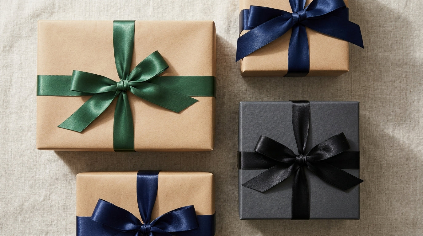A curated collection of minimalist Father's Day gift boxes wrapped in kraft paper and matte black paper, decorated with sleek satin ribbons on a dark concrete background.