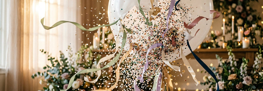 Luxury satin ribbon set used in gender reveal party decor, white balloon explosion scene with premium sage green, gold, lavender, rose and cream ribbons, cinematic baby shower celebration styling with floating confetti and elegant event decoration