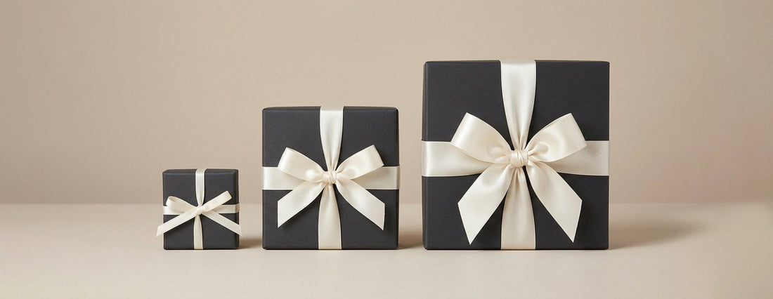 Gift wrapping guide showing satin ribbon widths with size chart and visual examples