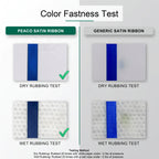 Color fastness test comparing Peaco satin ribbon to a standard satin ribbon: dry and wet rubbing tests with white paper show no dye transfer for Peaco ribbon, while the standard ribbon leaves visible stains on the paper in both tests.