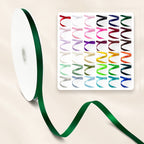 Peaco 3/8 inch (0.375") forest green double faced satin ribbon roll with 36 color swatch card, narrow ribbon for card making, tags, and small gift bows.