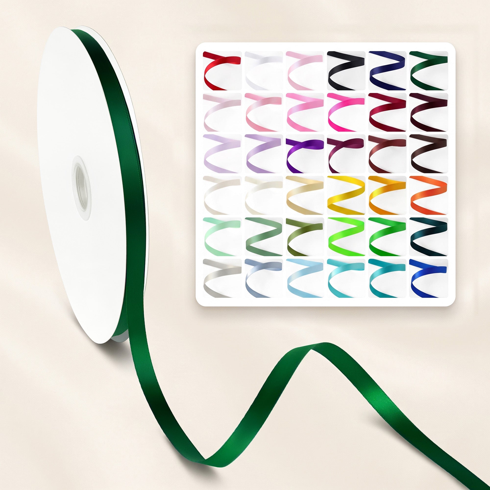 Peaco 3/8 inch (0.375") forest green double faced satin ribbon roll with 36 color swatch card, narrow ribbon for card making, tags, and small gift bows.