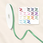 Peaco 3/8 inch (0.375") sage green single faced satin ribbon roll with 18 color swatch card, narrow shiny ribbon for wedding favors and craft tags.
