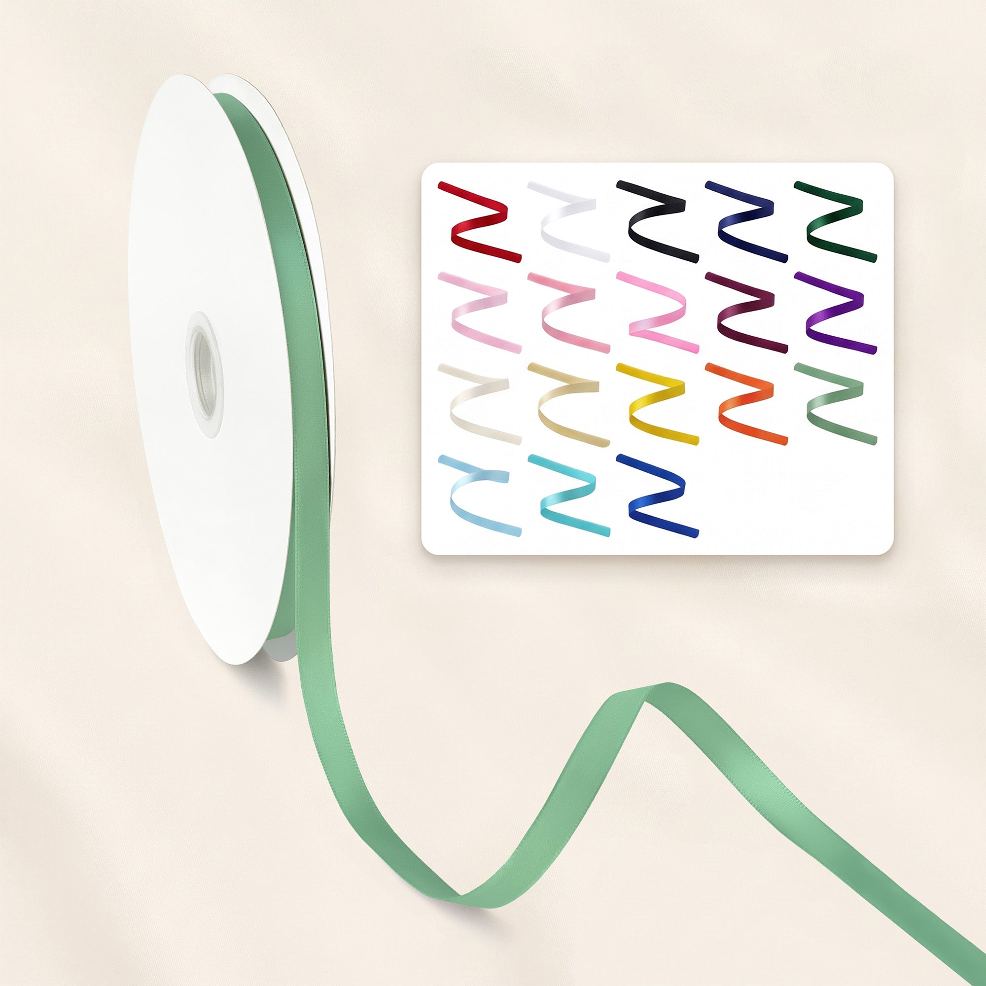 Peaco 3/8 inch (0.375") sage green single faced satin ribbon roll with 18 color swatch card, narrow shiny ribbon for wedding favors and craft tags.