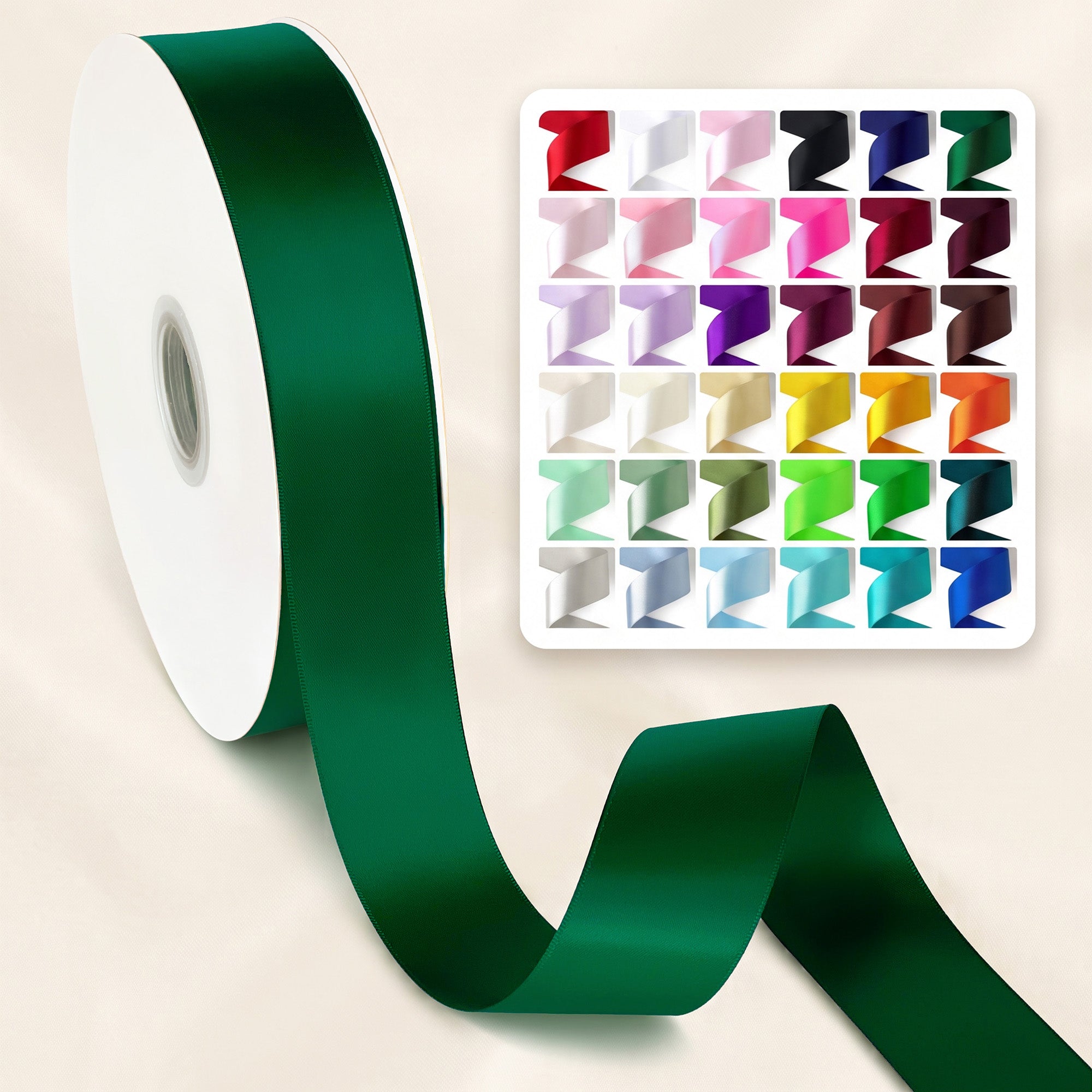 Peaco 1.5 inch emerald forest green double faced satin ribbon roll with 36 color swatch card, premium satin ribbon for gift wrapping, bows, and wedding crafts.