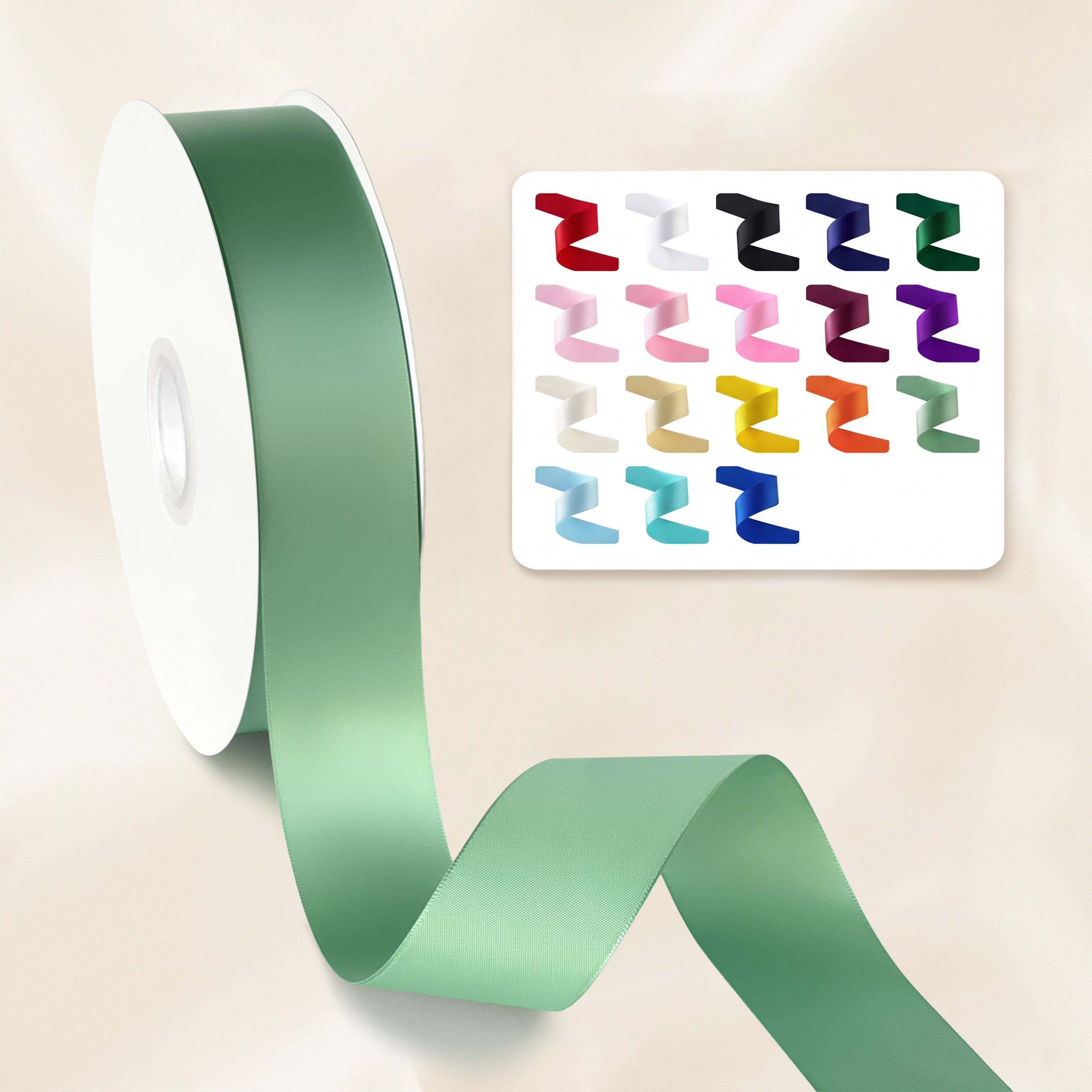 Peaco 1.5 inch sage light green single faced satin ribbon roll with 18 color swatch card, smooth satin ribbon for floral bouquet wrap and gift packaging.