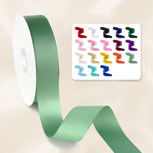 Peaco 1.5 inch sage light green single faced satin ribbon roll with 18 color swatch card, smooth satin ribbon for floral bouquet wrap and gift packaging.