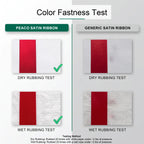 Color fastness test comparing Peaco satin ribbon to a standard satin ribbon: dry and wet rubbing tests with white paper show no dye transfer for Peaco ribbon, while the standard ribbon leaves visible stains on the paper in both tests.