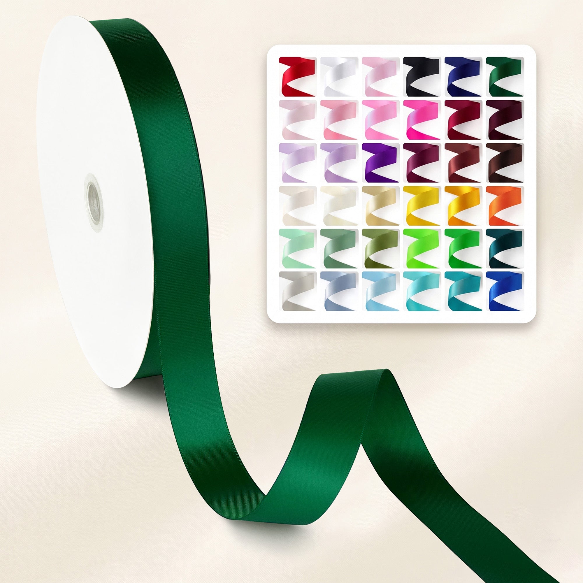 Peaco 1 inch forest green double faced satin ribbon roll with 36 color swatch card, versatile luxury ribbon for present packaging and DIY crafts.